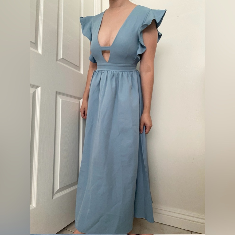 NWT Azazie Dusty Blue Maxi Dress with Plunge Neckline and Flutter Sleeves